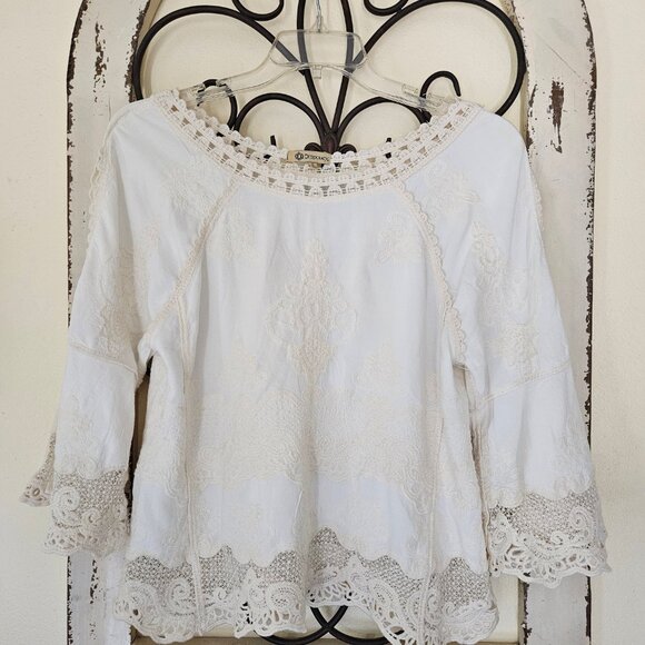 Democracy cream color Embroidered Boho 3/4 Sleeve Shirt Top Blouse Size SM - Picture 6 of 7